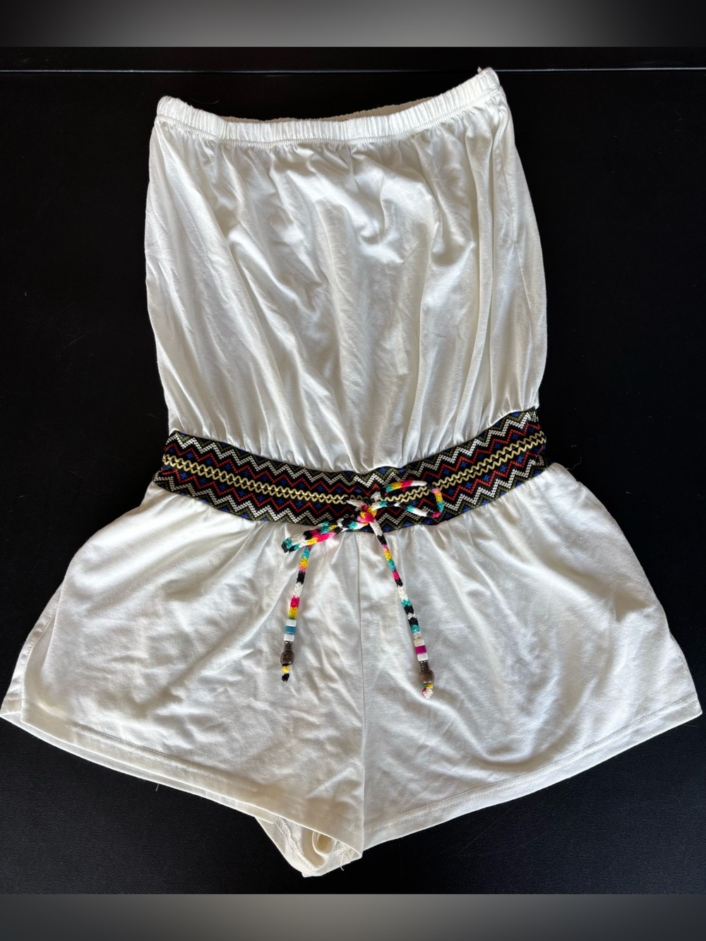 Double Zero White Strapless Romper Shorts with Multicolor Woven Belt